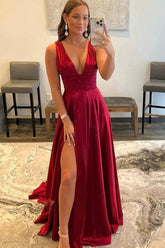 Burgundy Silk Satin A-line V-neck Prom Dresses with Slit, Party Dresses